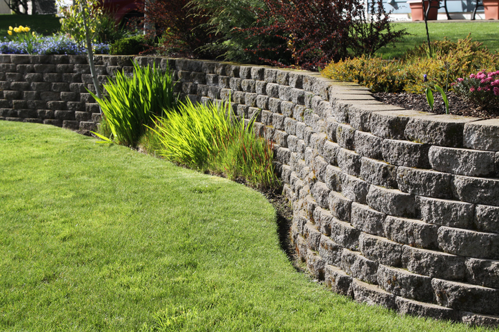 A garden retaining wall with a lush green lawn in front of it, and a variety of flowering plants above and behind it.